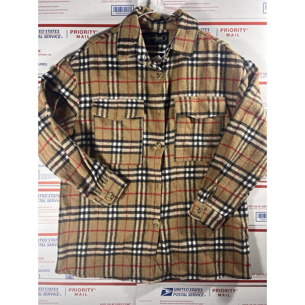 SPOON JEANS Womens‎ M Long Flannel Button Front Shirt Burberry Plaid NWT